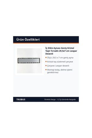 Trobus İç Dikiz Aynası Geniş Kristal Taşlı Tırnaklı 29,5x7 Cm Leopar Desenli