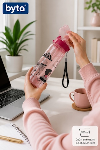 700 Ml Pipetli Matara Su Şişesi Kilitli Kapaklı, Askılı, Sızdırmaz, Bpa İçermez Pembe