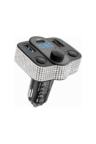 Kadınlara Özel Araç İçi Kristal Taşlı Fm Transmitter Bluetooth Usb Type-c Oto Çakmaklık
