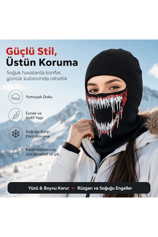 Womanandkids Wak Unisex Canavar Diş Baskılı Balaklava 1 Adet Tek Beden Viskoz Kask İçi Motosiklet Maskesi Siyah