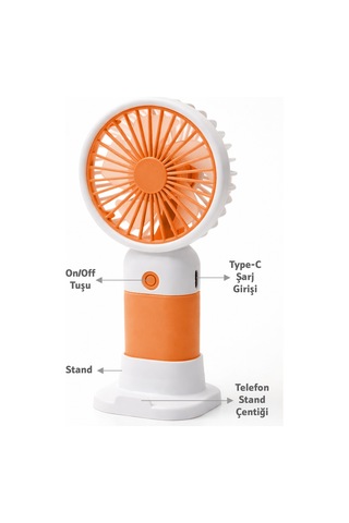 Standlı 3 Mod Şarjlı El Fanı 5 Kademe Seyahat Masaüstü Vantilatör Taşınabilir Mini Fan Turuncu F139
