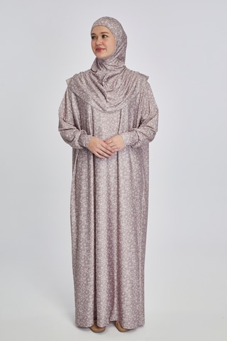 Pratik Tek Parça Çiçek Desenli Namaz Elbisesi Bej