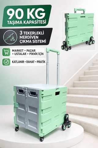 90 Kg Taşıma Kapasiteli Katlanır 3 Tekerlekli Merdiven Çıkan Market Pazar Ve Yük Taşıma Arabası Tr90c