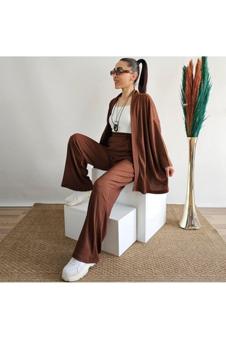 İpli Kahverengi Cep Detaylı Bol Paça Kimono Takım Kahverengi