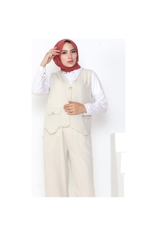 Bestenur Yelek Pantolon Keten İkili Takım 1035 - Taş