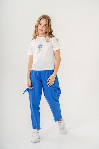Mısstuffy Kız Çocuk Pamuklu T-shirt Keten Pantalonlu Yazlık Takım 6-9 Yaş Beyaz - Mavi