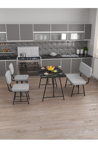 Hayat 70x110cm Sabit Bendir Mutfak Masası, Mutfak Masası Takımı, Yemek Masası, 2 Sandalye 1 Bench - Açık Gri Açık Gri