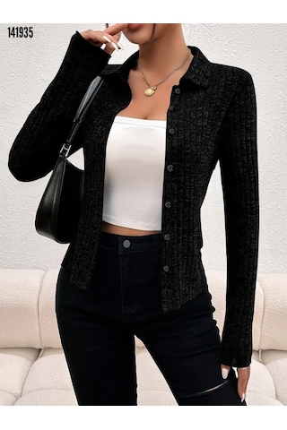 Yeni Sezon Kadın Yakalı Düğmeli Uzun Kollu Kısa Triko Ceket Siyah