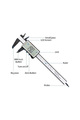 150mm Dijital Kumpas - 3 Düğmeli Geniş Ekran Kalınlık Ölçer - Kutulu + Yedek Pil