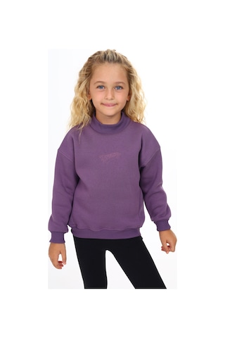 Kız Çocuk Relax Fit Dik Yaka Düşük Omuz Nakış Baskılı Sweatshirt - 3 İplik Şardonlu Mor