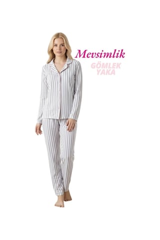 Guava Kadın Desenli Slim Fit Gömlek Yaka Önden Düğmeli Dar Kalıp Mevsimlik Uzun Kollu Pijama Takımı gri