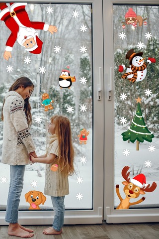 Yılbaşı Sticker Noel Baba Yılbaşı Ağacı Penguen ve Kar Taneleri Temalı