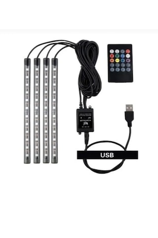 Carub Usb Girişli 12 Ledli 12/24 Volt Uyumlu Ayak Altı Led Kumandalı Araç Içi Aydınlatma 4 Lü Sese Duyarlı Çok Renkli