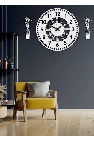 Duvar Saati Ve Süsüleri Çok Şık Hediye 3 Lü Set Beyaz