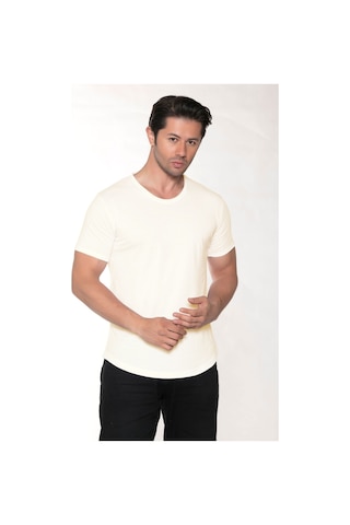 Black Horn Erkek Geniş Yaka %100 Pamuk Salaş T-shirt Ekru