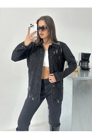 Blue Marlin Kadın Siyah Lazer Yirtik Detayli Boyfriend Kot Ceket Siyah