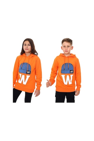 Çocuk Bere Baskılı Ve İşlemeli Kapüşonlu Sweatshirt-13410-turuncu Turuncu