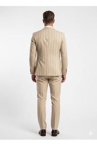 Erkek Çizgili Takım Elbise 3 Lü Set Ceket + Yelek + Pantolon Slim Fit İtalyan Tarz Açık Bej