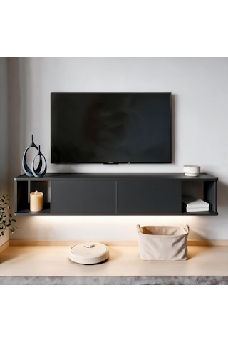İnarch Dizayn Twist Led Işıklı Duvara Monte Tv Sehpası - 2 Kapaklı Antrasit