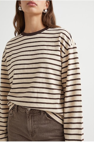 Mixray 2236 Çizgili Bisiklet Yaka Uzun Kol Oversize Sweatshirt Kahve