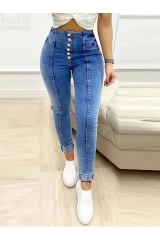 Valensdesign Kadın Yüksek Bel Önden Düğmeli Jean Pantolon Lacivert