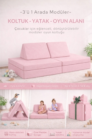 Katlanabilir Çocuk Koltuğu Yatak & Minder Çok Amaçlı Modüler Tasarım Pembe