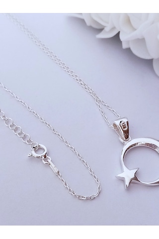925 Ayar Gümüş Rodyumlu Bayrak Ay Yıldız Tasarım Kadın Kolye