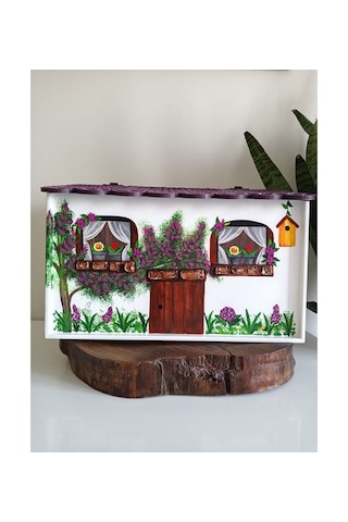 El Boyaması Ev Şeklinde Çatılı Ahşap Ekmeklik Karışık