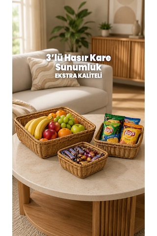 3'lü Kare Hasır Sunumluk Sepet Badya Leğen Tabak Kase - Masaüstü Organizer Rattan Sunum Meyvelik - Ekstra Kaliteli Çelik Rattan 26 X 26