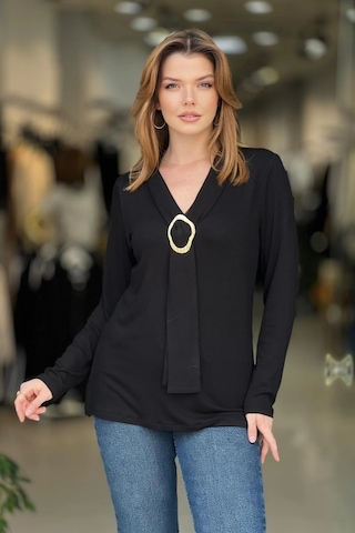 Kravatlı Tokalı Bluz Siyah