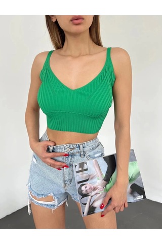 V Yaka Askılı Crop Triko Büstiyer Yeşil - Df2202 Çok Renkli