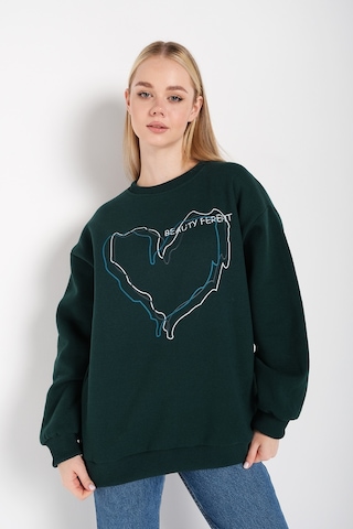 Kadın Yeşil Çizgili Kalp Baskılı Oversize Sweatshirt Yeşil