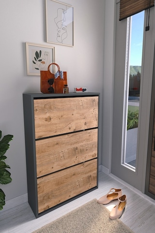 Bofigo Düşer Kapak Ayakkabılık Kayar Raflı Ayakkabılık 3 Bölmeli Ayakkabılık Melek Antrasit-Çam