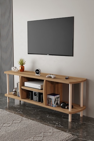 Modern Tv Ünitesi Ahşap Raflı 2 Katlı 4 Raflı Televizyon Sehpası Televizyon Ünitesi Atlantik Çam