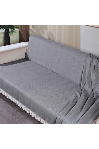 170 210 Cm Pamuklu Önden Saçaklı 170x210 Koltuk Örtüsü 2'li Paket Antrasit