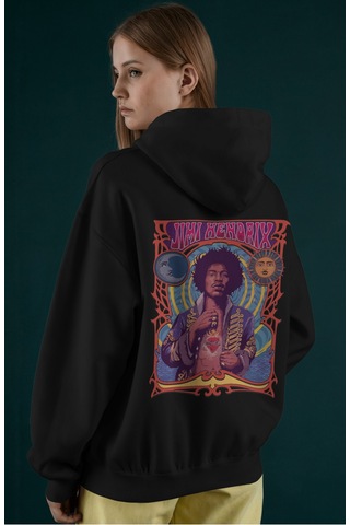 Sevbano Jimi Hendrix Efsane Şarkıcı Sırt Baskılı Unisex Oversize Penye Ho Siyah