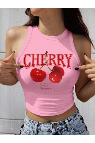 Afri Kadın Pembe "Cherry" Baskılı Kolsuz Crop Atlet - Yazlık Sokak Stili Pembe