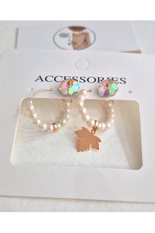 Glamglamour Küçük Halka İncili Küpe Seti Rose Gold