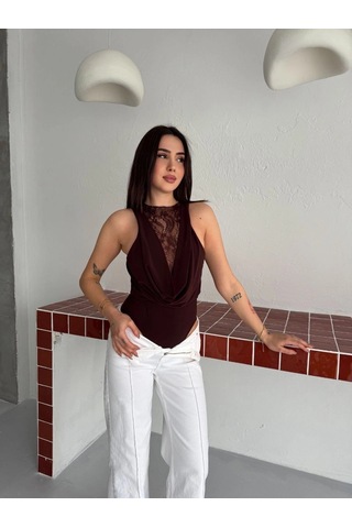 Primemagazam Kadın Dantel Detaylı Derin Dekolte Body Şık Kolsuz Yazlık Bodysuit - Kahvrenegi Çeşitli