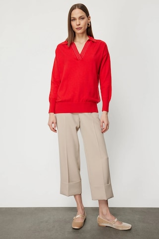 On Fashion Kadın Yakası Zincirli Polo Yaka Kırmızı Kazak 66336 Kırmızı