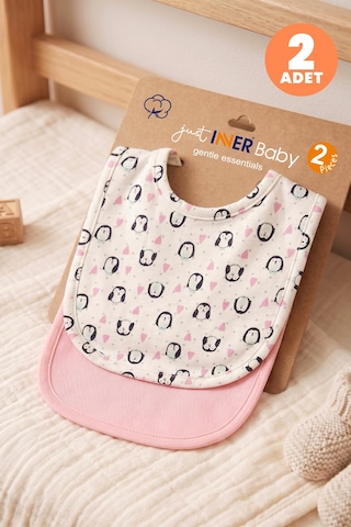 Just Inner Kız Bebek 2'li Pamuklu Önlük Penguen Desenli Çıtçıtlı Çift Katlı Cilt Dostu 684301 Renkli