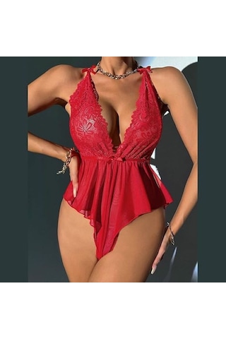 Amour Fashion Romantik Dantelli Bağlamalı Fantazi Body- Şık Ve Seksi Takım Kırmızı