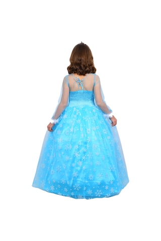 Prenses Elsa Kostümü Uzun Kollu Elsa 1-12yaş Taç-saç-asa-eldiven Mavi