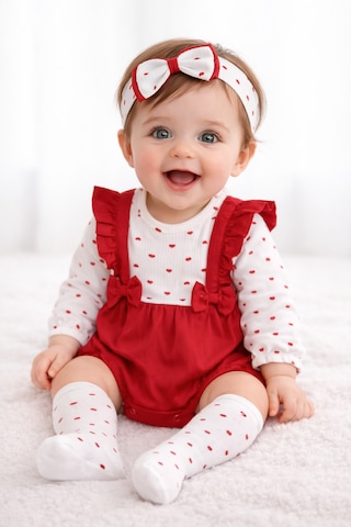 Milays Kız Bebek Bandanalı Çoraplı %100 Pamuk 3 Lü Takım Kırmızı