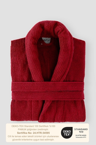 Bordo Çizgili Bornoz %100 Sertifikalı Pamuk Şal Yaka Unisex Banyo Bornoz / Sabahlık 340 Gr/m2 Bordo Renk