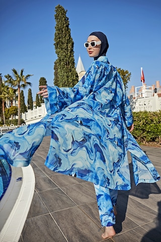 Remsa Mayo Remsa Tesettür Mayo Üzerine Tek Kaftan Kimono Pareo Rp010 Nil Mavi