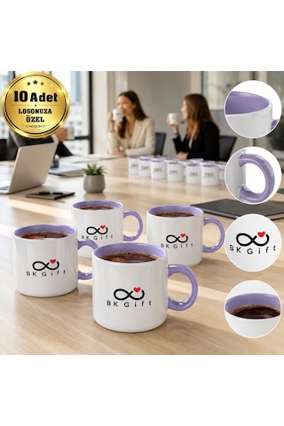 Logonuza Özel 10 Adet Porselen Lila Motto Fincan - 150 Ml Kurumsal Kahve Kupası Mor