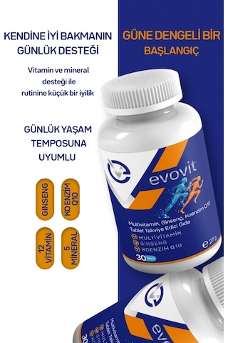 Evo Pharma Evovit Multivitamin Ginseng Koenzim Q10 Takviye Edici Gıda 30 Tablet
