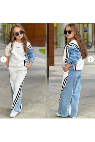 Kız Çocuk 3 İplik Şardonlu Kot Garnili Çizgi Detaylı Sweatshirt Ve Bol Paça Eşofman Takımı 1610- Beyaz Kız Çocuk 3 İplik Şardonlu Kot Garnili Çizgi Detaylı Sweatshirt Ve Bol Paça Eşofman Takımı 1610- Beyaz