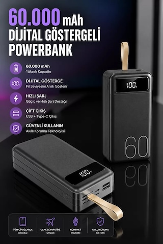 Powerbank 60.000 Mah Hızlı Şarj 4 Çıkışlı Uzun Şarj Süreli Dijital Göstergeli Renkli 73480489